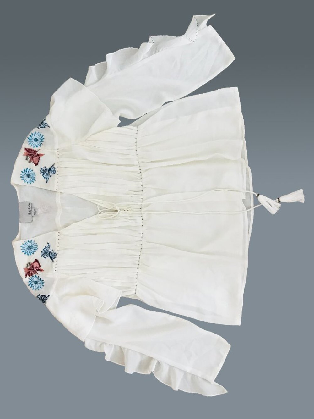Chloe Oliver Smock Top | Embroidered | Tassel Ties | Ruffle Sleeve | Laced-Up Sm